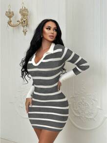 SHEIN SXY Của phụ nữ Sọc Cổ áo tây Đầm Áo len - Xám - Xem 3