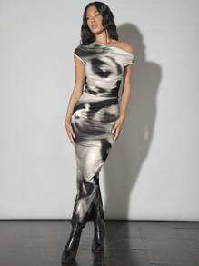 SHEIN BAE Solid Retro Portrait Mesh Print Asymmetrical Neck Top And Low-Rise Slim Skirt - Multicolor - View 4