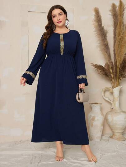 Al Najma Vestido De Talla Grande Con Mangas Largas De Lentejuelas Y Diseño De Bloques De Color