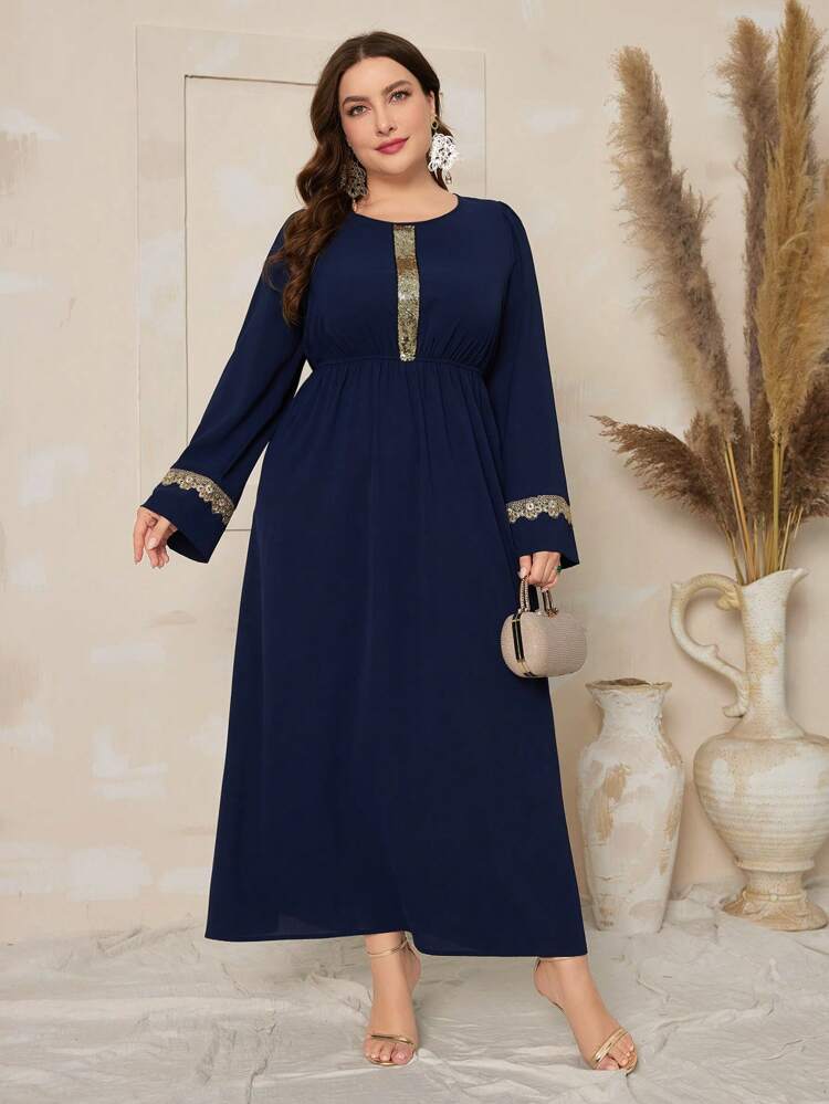 Plus Size Color Block Sequined Long Sleeve Dress Kaftan Jalabiya Dress