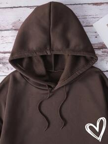 SHEIN EZwear 大尺寸心型印花抽繩連帽休閒運動衫 - 棕色 - 查看 3