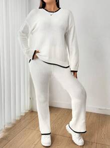 Flirla Của phụ nữ Kích thước lớn Viền tương phản Áo len Bộ - trắng - Xem 5