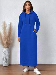 女士纯色连帽长款运动衫，秋冬休闲款 - 藍色 - 查看 7