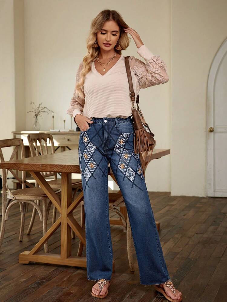 Floral & Geometric Embroidery Jeans For Women