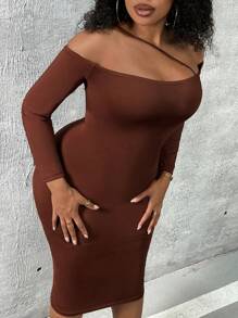 Slaydiva 大尺碼女士露肩緊身連身裙 - 棕色 - 查看 1