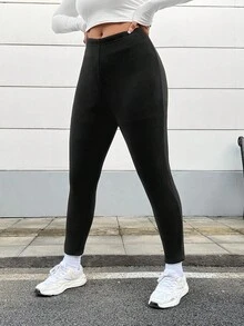 SHEIN EZwear 大尺寸純色高腰緊身褲 - 黑色 - 查看 7