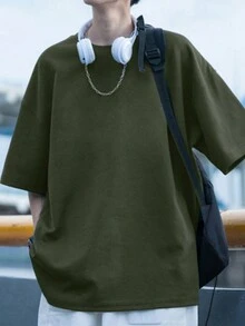 男款卡通印花落肩 T 卹 - 軍綠色 - 查看 2