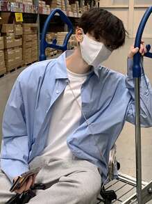 DAZY Nam Màu thuần Thả vai Áo sơ mi - Màu xanh lam - Xem 7