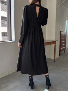 纯色腰带长袖连衣裙，秋季服装长款连衣裙 - 黑色 - 查看 2