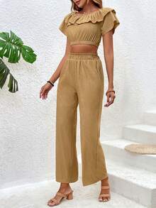 SHEIN VCAY 純色離肩上衣和褲子套裝 - 卡其色 - 查看 6