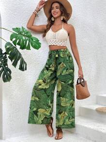 SHEIN VCAY 熱帶植物印花寬腿褲 - 綠色 - 查看 6