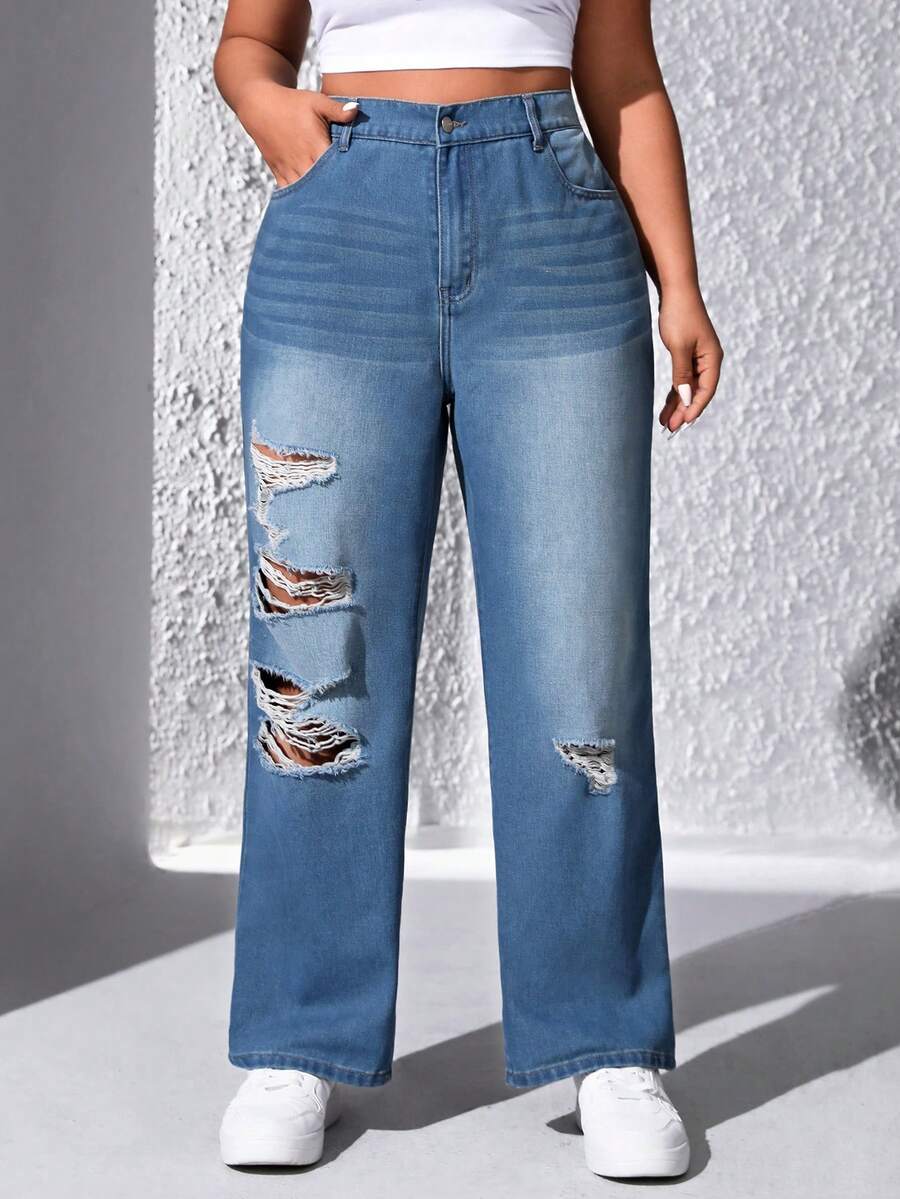 SHEIN EZwear 大尺碼仿舊水洗牛仔褲 - 中等水洗藍 - 查看 1