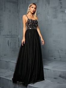 MGIACY Sequined Floral Pattern Net Chiffon Halter Evening Dress - Black - View 6