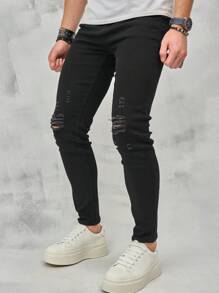 Men's Casual Black Ripped Jeans, Grunge - Black - View 4