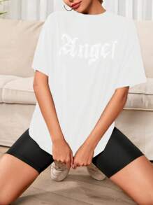 SHEIN Cottnline Rhinestone Letter Decor Short Sleeve T-shirt - White - View 5