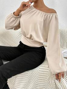 SHEIN Privé Women's Asymmetrical Collar Batwing Sleeve Shirt - Champagne - View 4