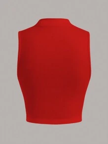 SHEIN EZwear Áo crop top cổ đứng mùa hè - Đỏ - Xem 2