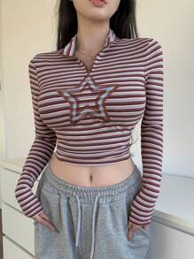 Dazy Designer In sọc Thêu Sao Ngắn Áo thun - Nhiều màu - Xem 4