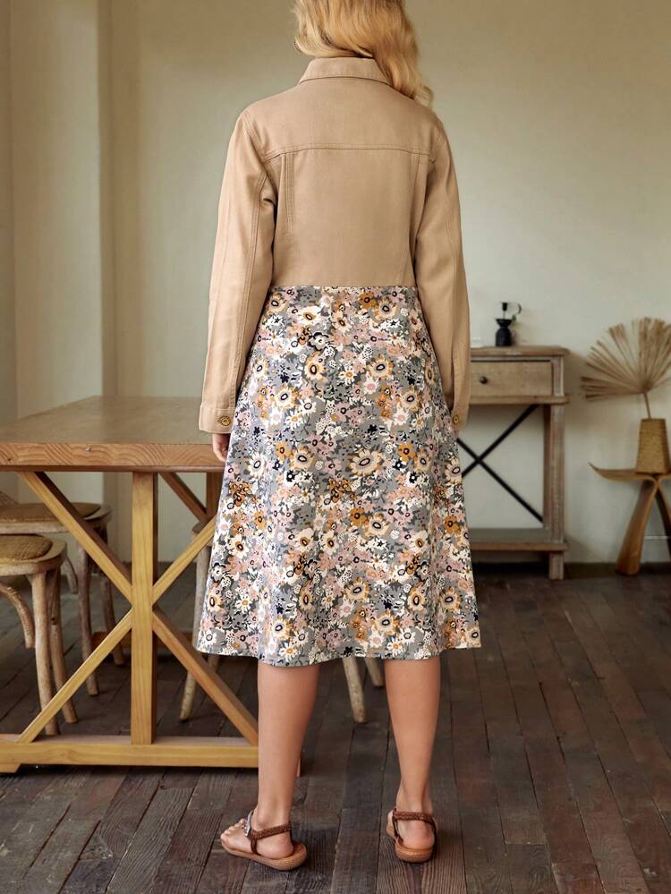 Women's Floral Print Flap Pocket Denim Dress