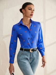 GENKIRA Butterfly Pattern Printed Long Sleeve Shirt - Blue - View 5