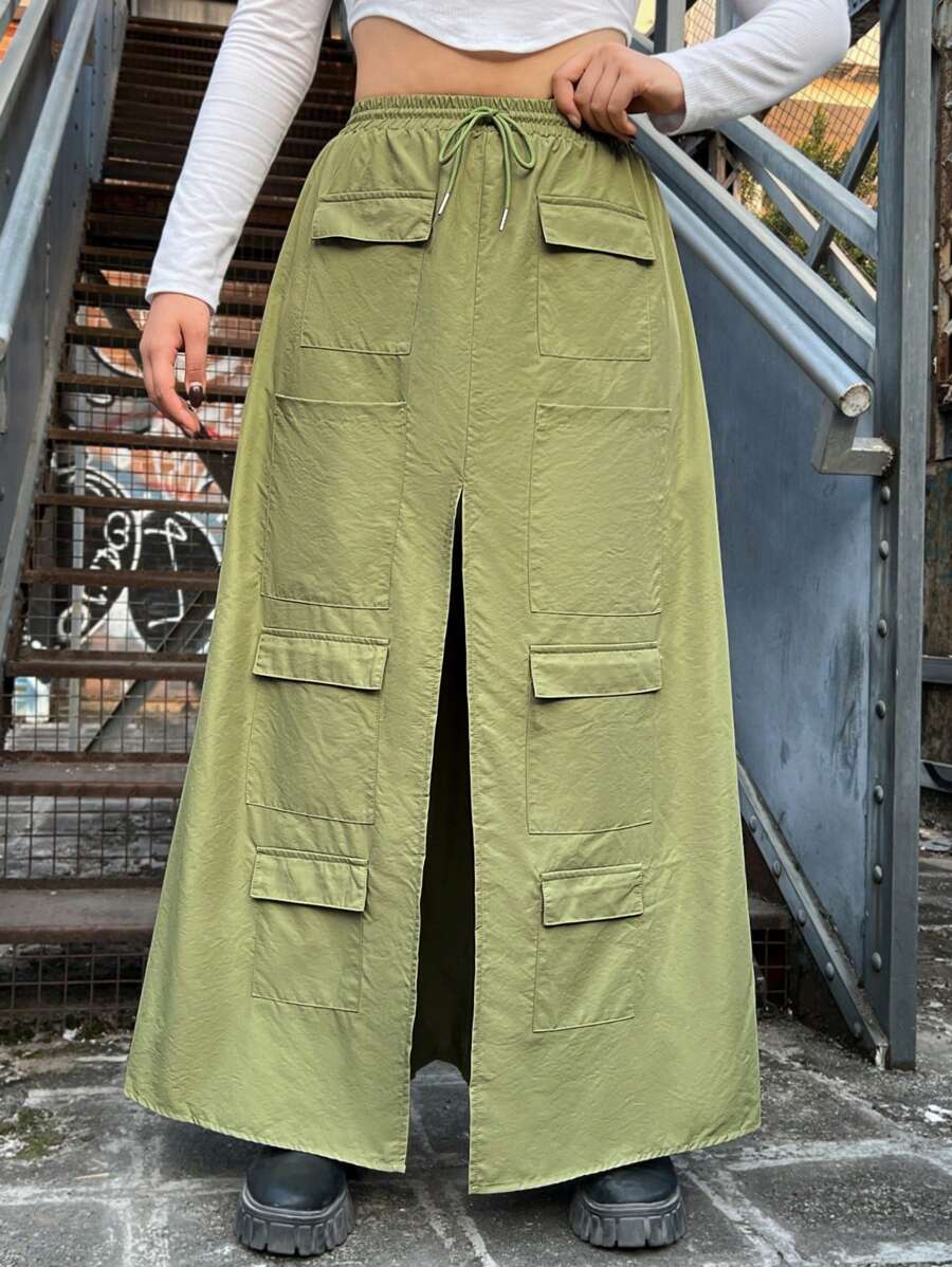 SHEIN EZwear 大碼高腰抽繩口袋A字半身裙帶前開衩 - 軍綠色 - 查看 1