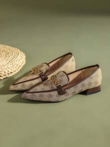 女復古刺繡時尚搭扣尖頭平底鞋 - 咖啡棕 - 查看 1