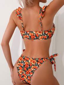 SHEIN Swim 夏季海灘隨機花卉印花荷葉邊比基尼套裝，嘉年華會 - 彩色 - 查看 2