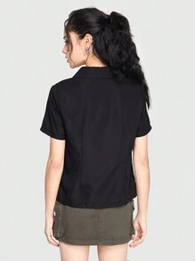ROMWE Grunge Punk Embroidered Contrast Short-sleeved Shirt - Black - View 3