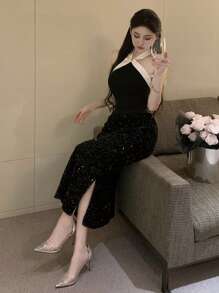 DAZY 女士亮片半身裙 舞会半身裙 秋季半身裙 新年女装 - 黑色 - 查看 8