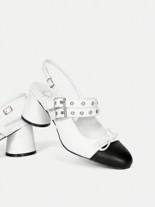情人節圓頭粗跟黑白經典瑪莉珍泵鞋 - 白色 - 查看 5