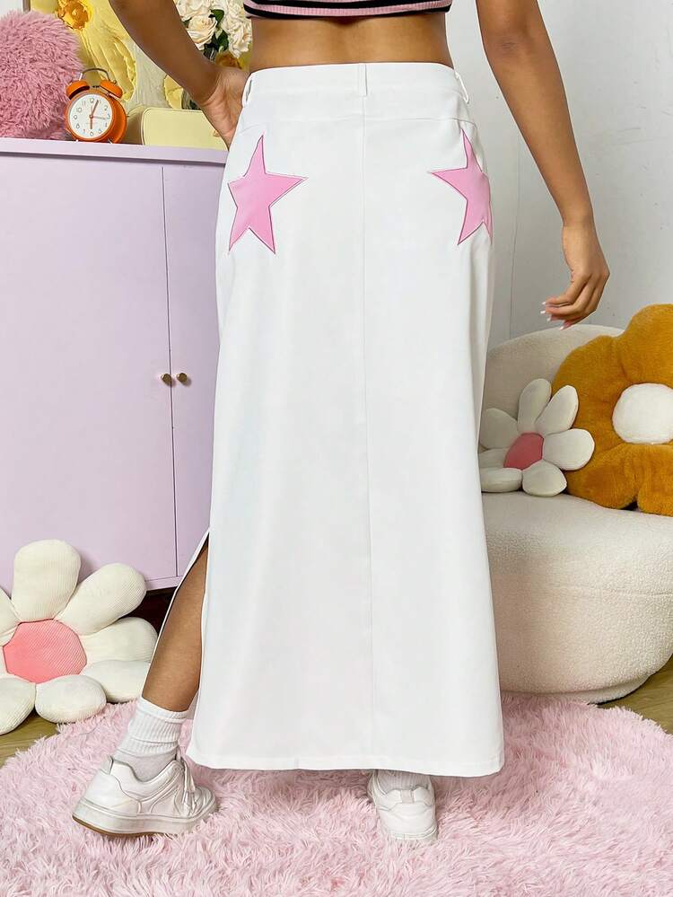 Casual Star Patterned Slit Hem Long Skirt