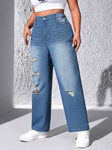 SHEIN EZwear 大尺碼仿舊水洗牛仔褲 - 中等水洗藍 - 查看 6