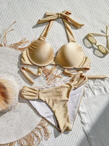 女士纯色褶皱分体吊带比基尼套装夏季海滩 - 卡其色 - 查看 1