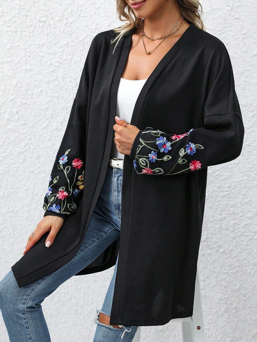 SHEIN LUNE Women's Floral Embroidered Jacket - Black - View 1