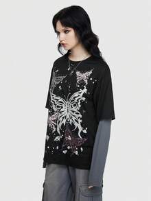 ROMWE Grunge Punk Women's Vacation Style Butterfly Print Contrast Color 2 In 1 Spliced T-Shirt - Black - View 4
