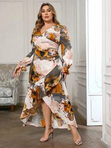 Plus Marble Print Flare Sleeve Ruched Wrap Hem Dress - Multicolor - View 5