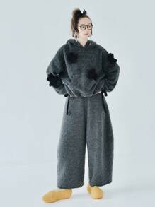 Ba chiều Trang trí Túi kangaroo Áo nỉ có mũ - Xám - Xem 1