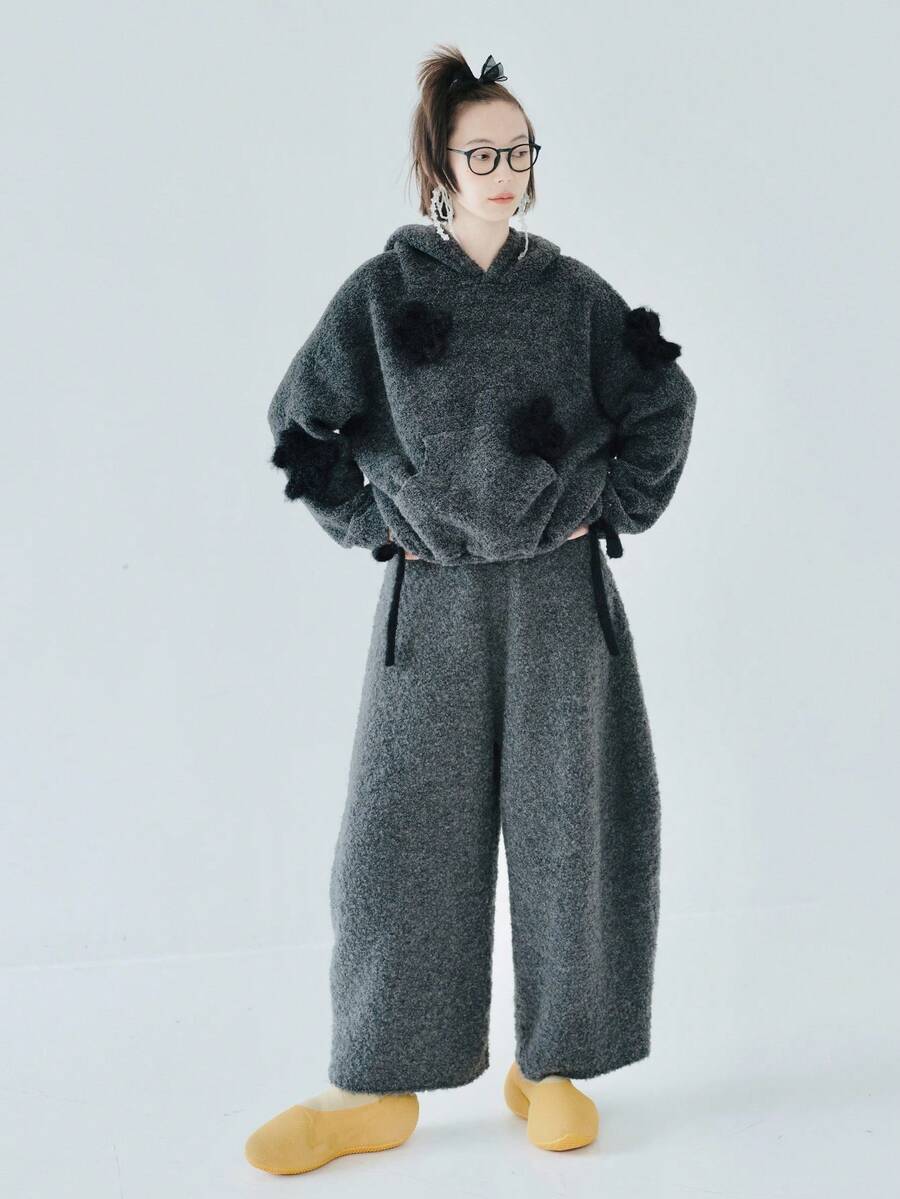 Ba chiều Trang trí Túi kangaroo Áo nỉ có mũ - Xám - Xem 1