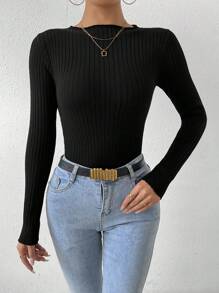 SHEIN Frenchy Quý cô Sọc Tay áo dài Áo len Áo liền quần chặt - màu đen - Xem 6