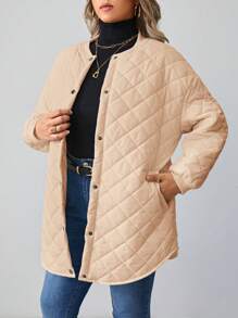 SHEIN LUNE 大码女式单排扣长袖夹棉大衣 - 杏色 - 查看 4