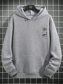 男士休闲街头风椰树印花口袋抽绳连帽卫衣，返校季，秋冬季，长袖上衣