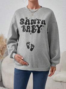 SHEIN Maternity Drop Shoulder Sleeve Sweatshirt With Letter Print, For Winter - Grey - View 5