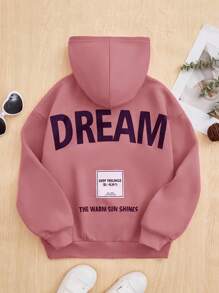 SHEIN 青少女寬鬆休閒連帽套頭衫,印有字母印花 - 粉色 - 查看 1