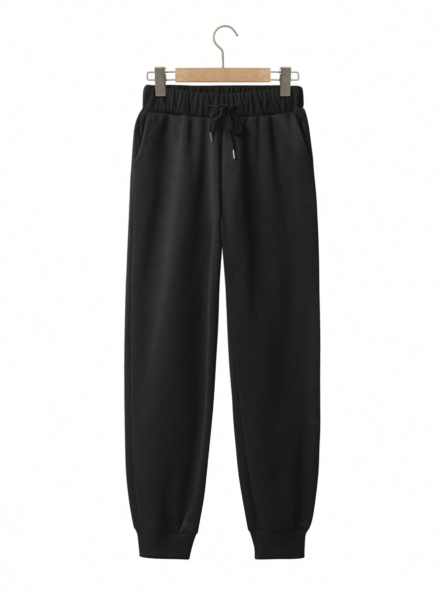 SHEIN EZwear Màu thuần Eo đàn hồi & Cuffed Hem Quần Chạy bộ - màu đen - Xem 1