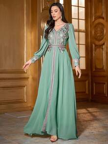 Elegant Floral Embroidery Patchwork Modest Long Sleeve Dress Kaftan Arabian Dress Spring Vacation - Mint Green - View 3