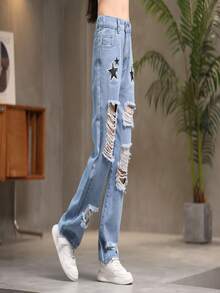 Teen Girls Ripped Jeans With Five-Pointed Star Pattern - Blue - View 6