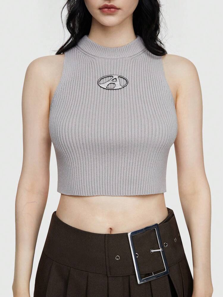 Streetwear Sexy Vintage Style Fitted Knit Vest Top With Metallic Letter Detail On The Chest, Suitable For Outdoor Activities