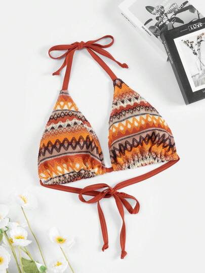 Swim Vcay Summer Beach Plus Size Geometric Pattern Knotted Back Halter Swimwear Top Carnival