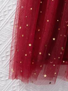 SHEIN Tween Girl Mesh Spliced Dress With Bow Decoration,Holiday,Summer,Travel,Christmas Clothes - Burgundy - View 4