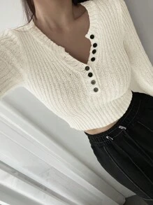 DAZY Women's Buttoned Half Placket Sweater Fall - Apricot - View 1